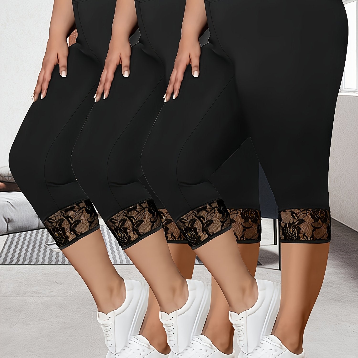 Plus Size Women's High-Waisted Lace Trim Shorts 7-Inch Stretchy Fabric