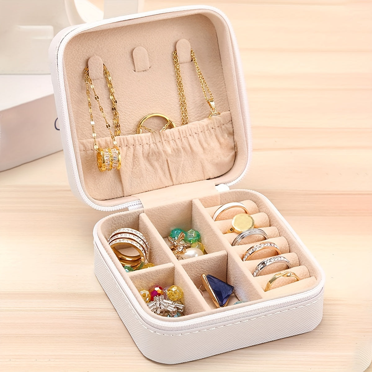 Caja de joyería pequeña para viaje y almacenamiento en casa, compacta y elegante