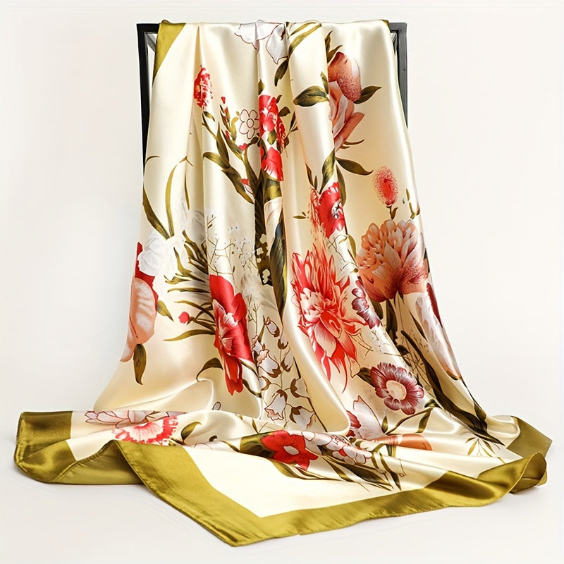 Women's Satin Flower Print Square Scarf 89.99cm Sun Protection Windproof Shawl