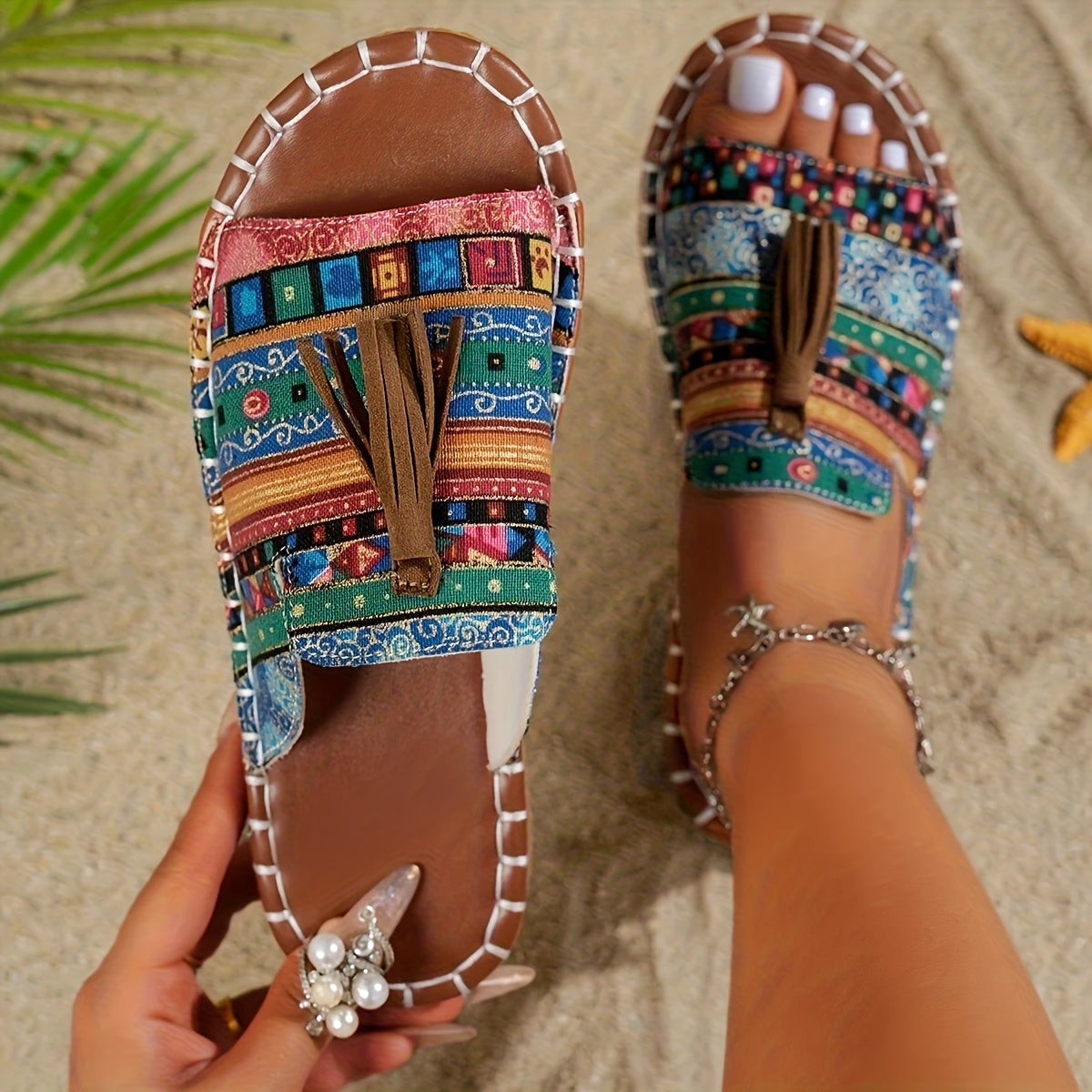 Women Fringe Sandals Ethnic Pattern Flat Slide Summer Beach Shoes