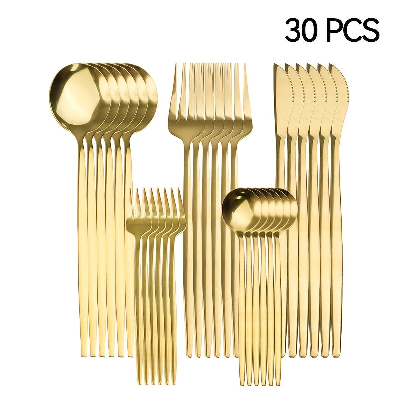30pc Golden Stainless Steel Flatware Set Rust-Resistant Cutlery for Home Kitchen Restaurant