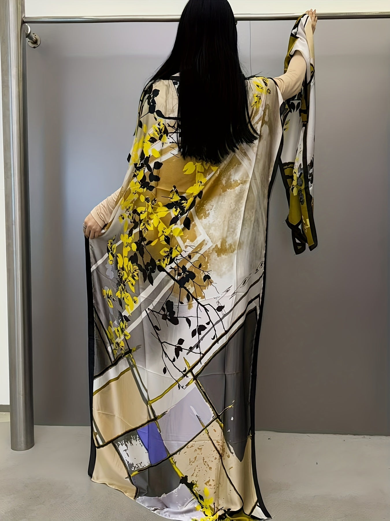 Women's Floral Maxi Dress Batwing Sleeves Boat Neck Loose Fit Summer Beachwear