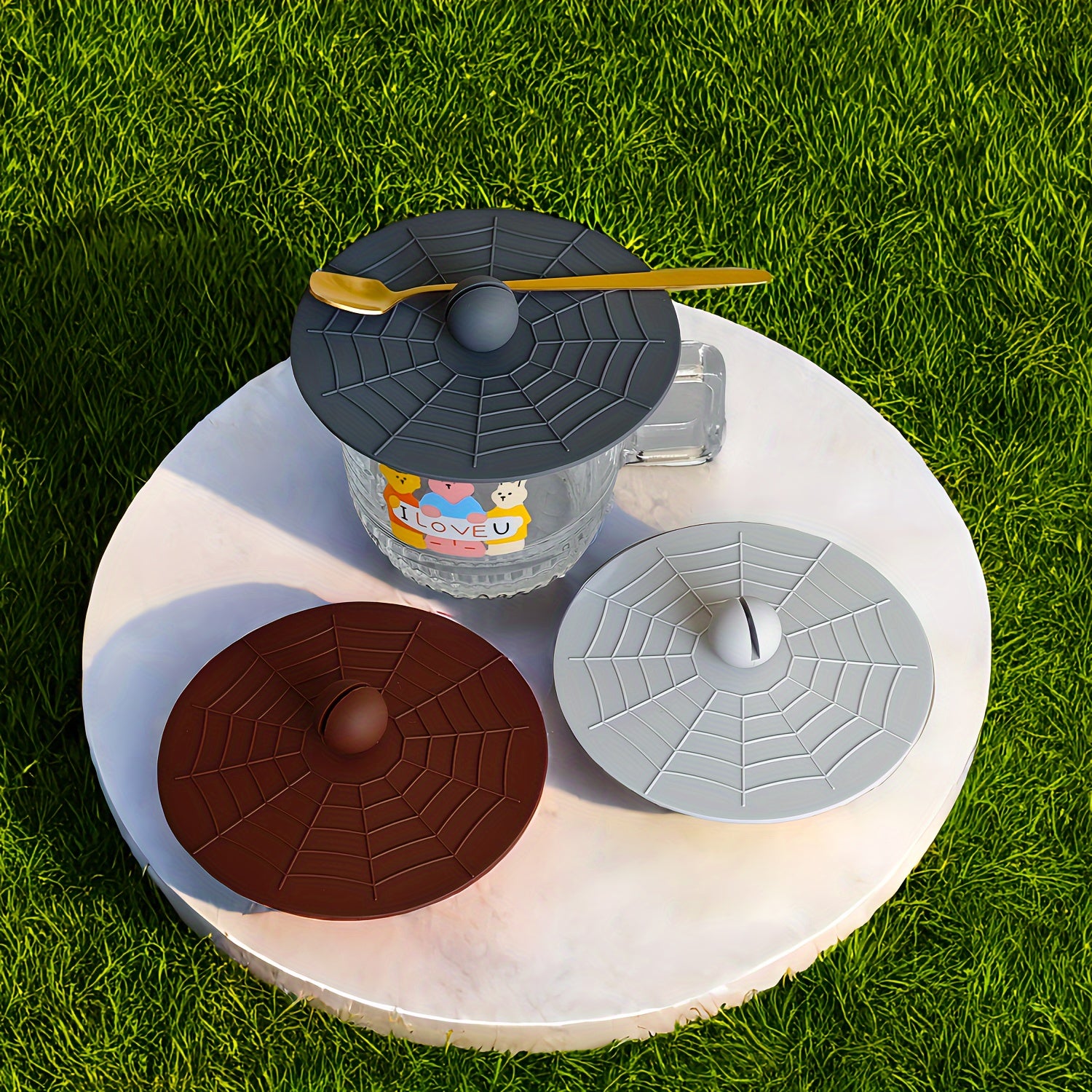 Silicone Cup Lid with Spoon Set Reusable Leakproof Cover for Ceramic Glass Tea Mug