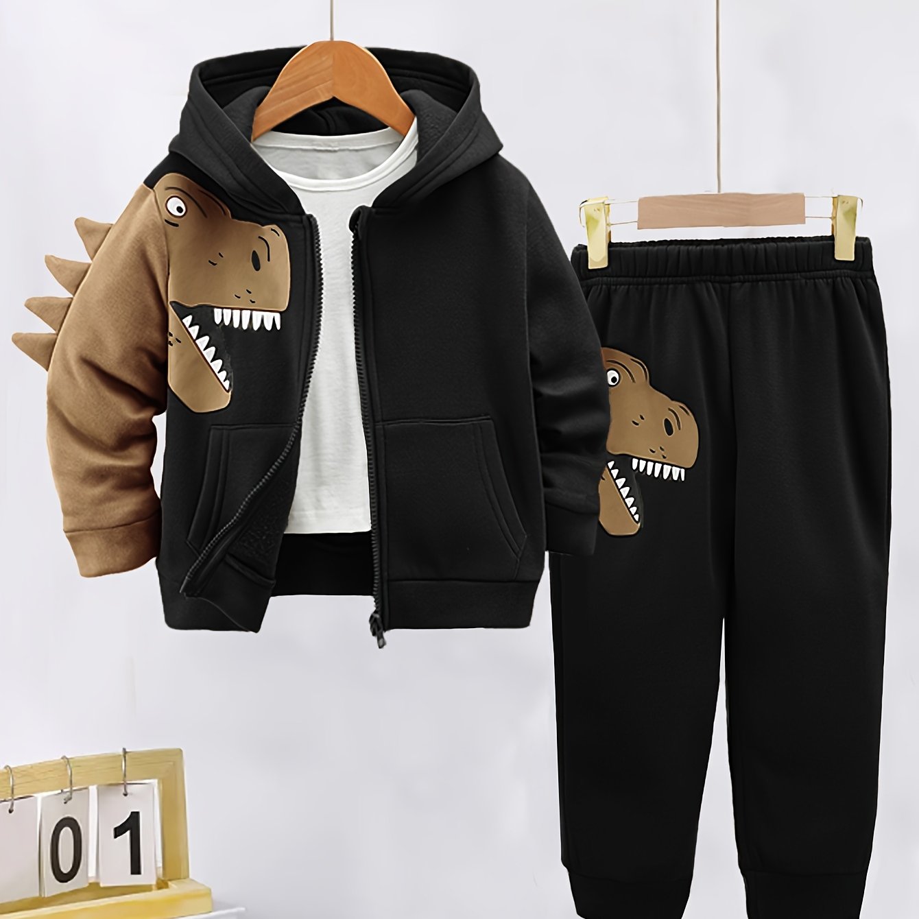 Toddler Boy Fleece-Lined Dinosaur Hoodie and Pants Set Fall Winter Cozy Machine Washable