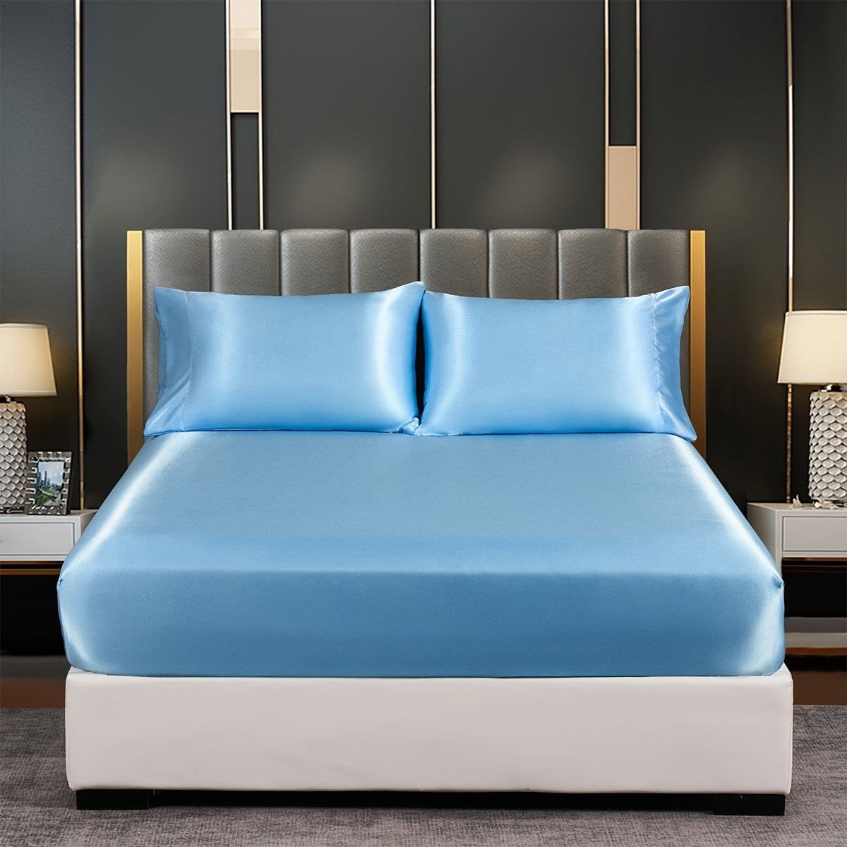 Satin Solid Color Fitted Sheet Luxuriously Soft Bedding for Bedroom and Guest Room