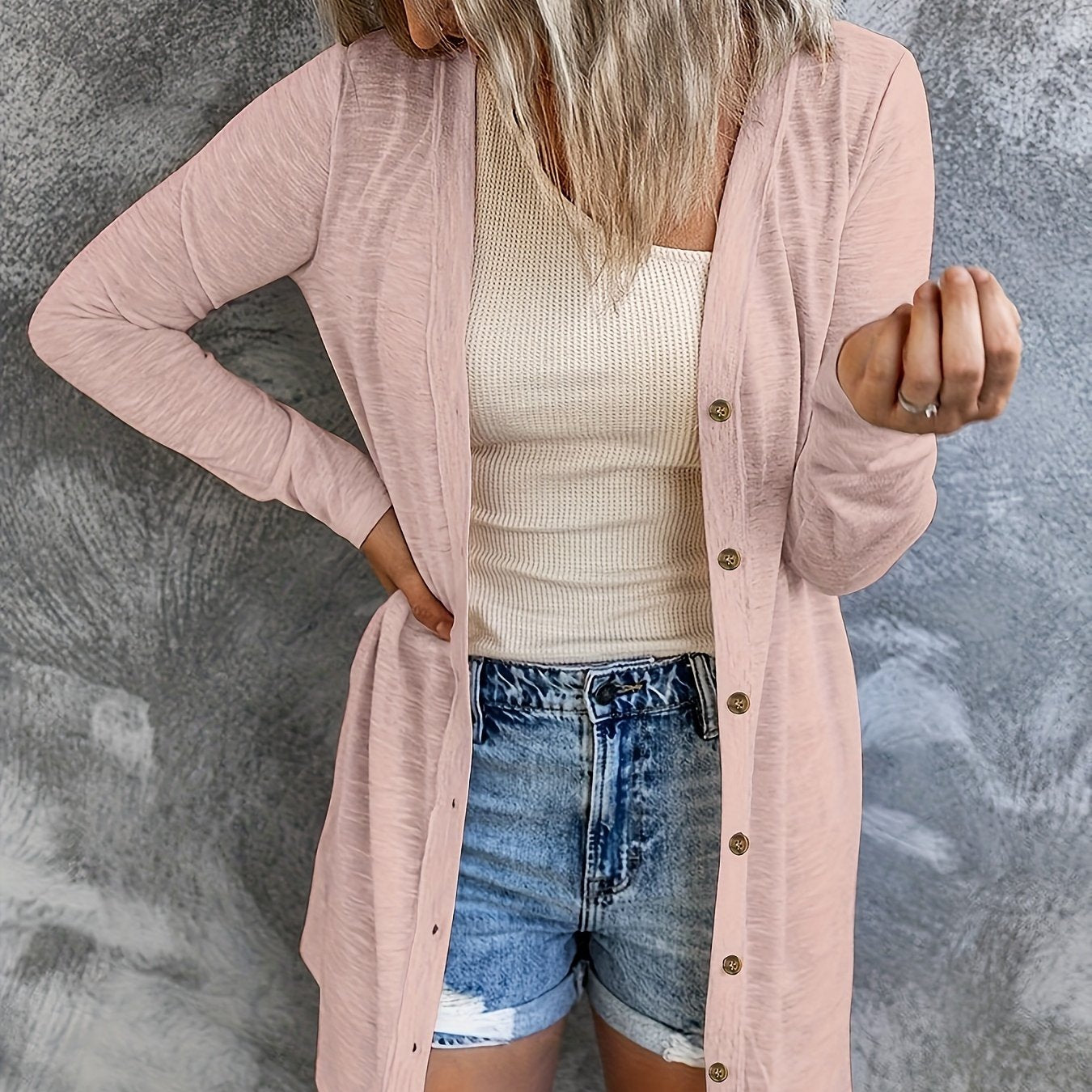 Plus Size Long Sleeve Knit Cardigan V-Neck Solid Color Fall Spring