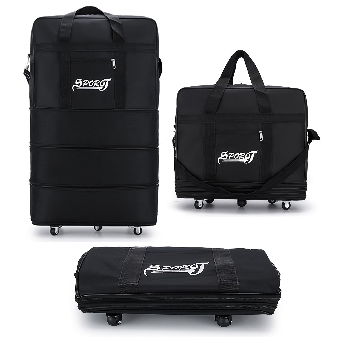 Foldable Polyester Rolling Travel Luggage Bag with Large Capacity and Multi-Tiered Storage