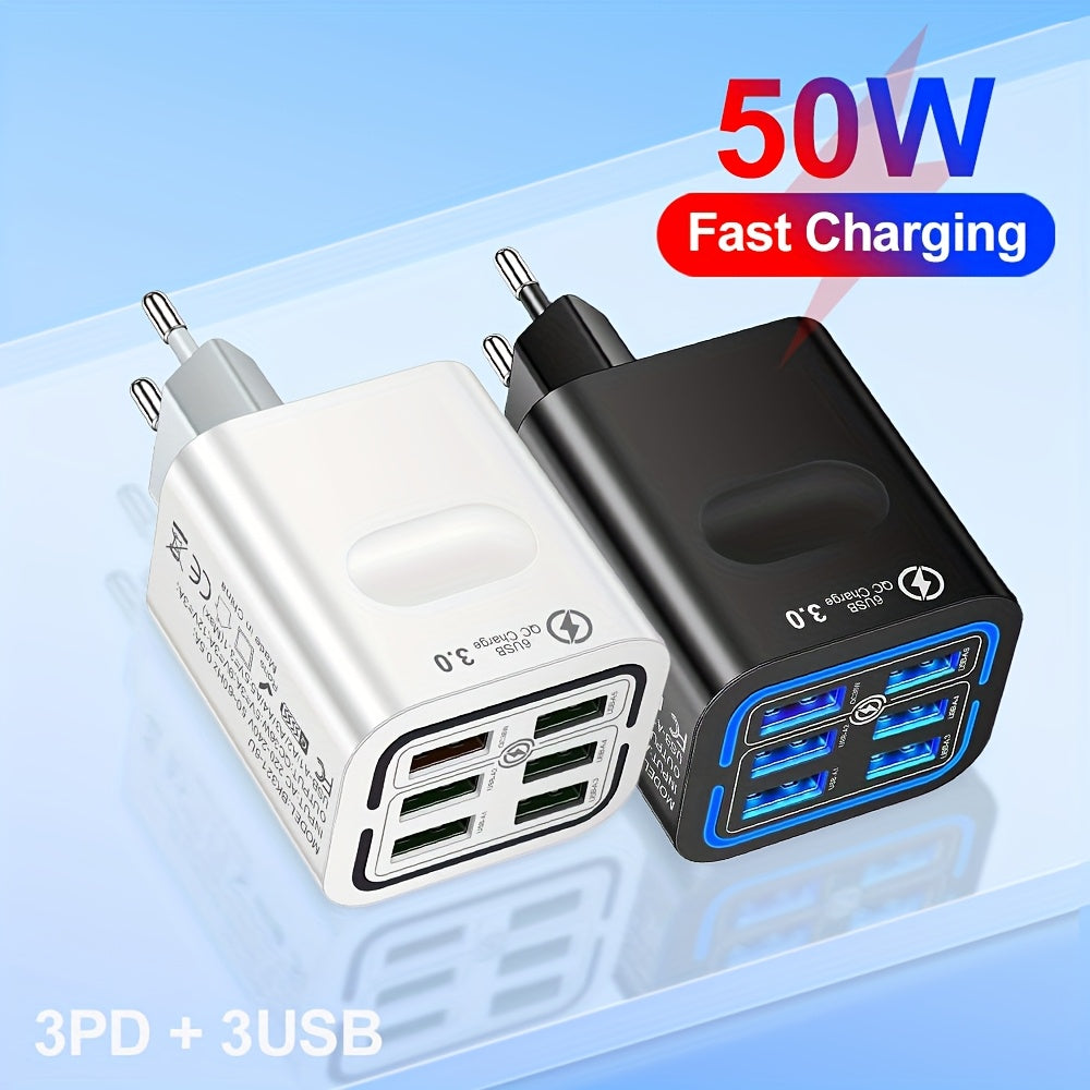 50W Fast Charging Power Adapter with 6 USB Ports and Type C Plug