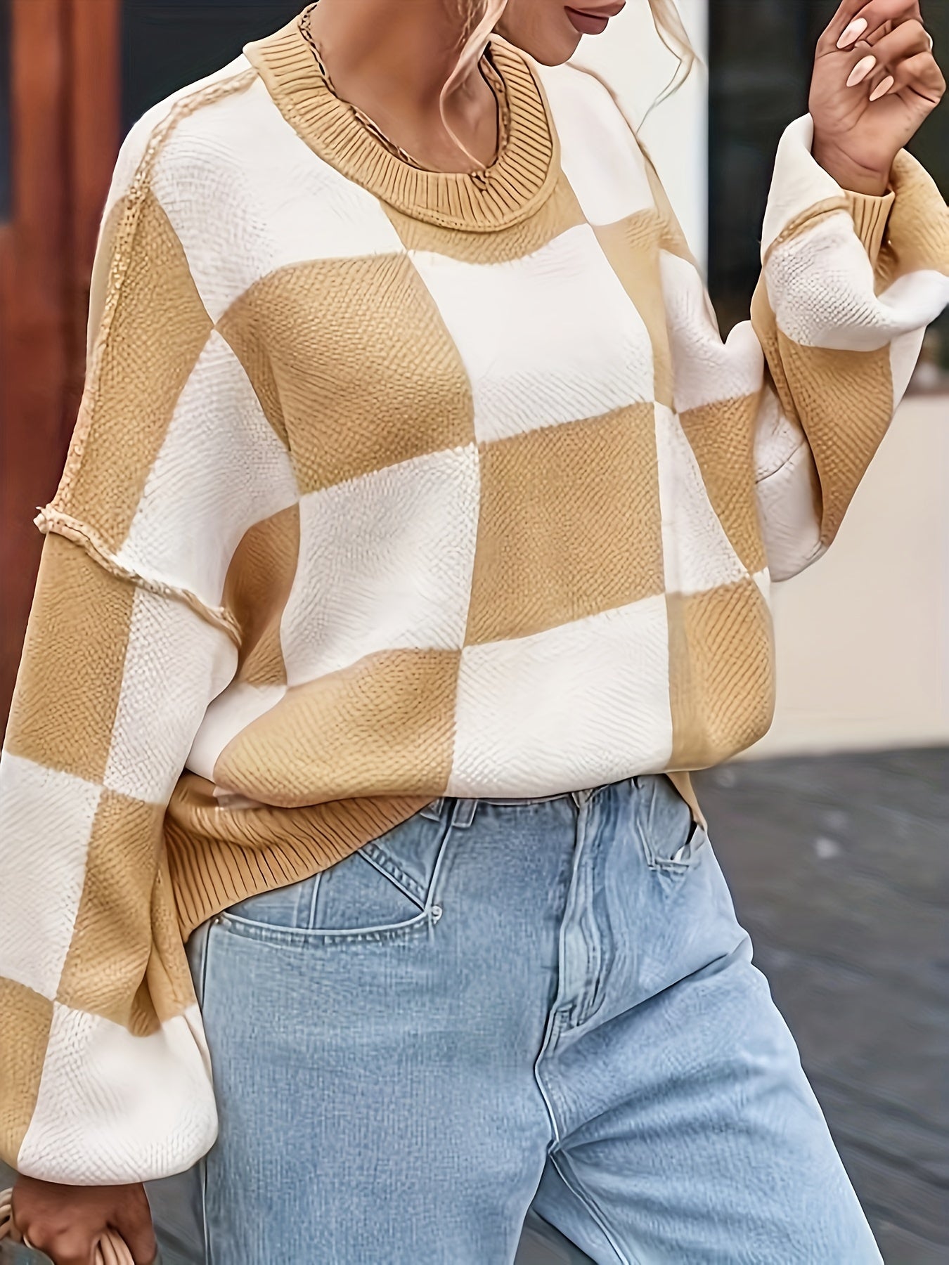 Women's Plaid Wool Sweater Round Neck Casual Warm Pullover