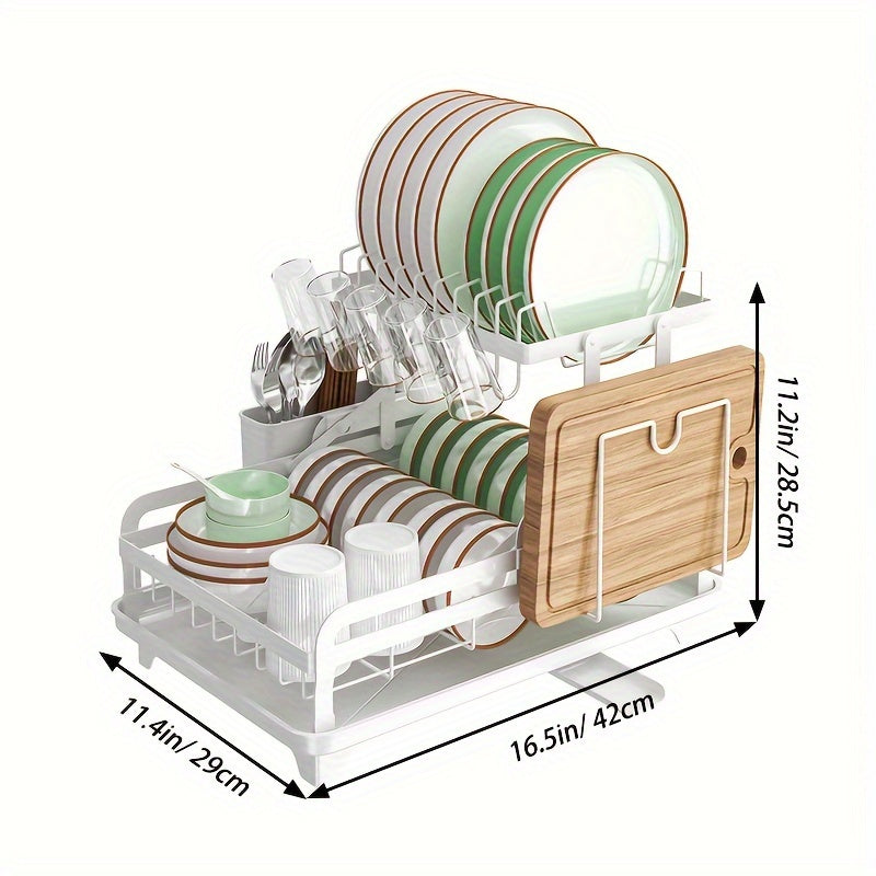 Большая металлическая двухъярусная сушилка для посуды с крылом для сушки - включает в себя слив, держатель для стакана, держатель для столовых приборов и коврик для сушки - Кухонные принадлежности для эффективной сушки и организации посуды