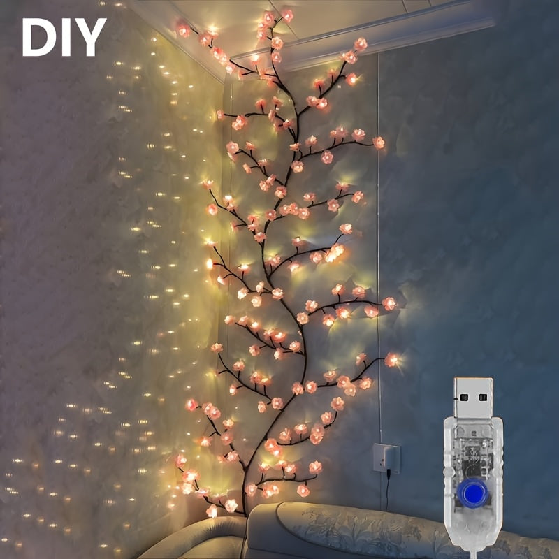 Cherry Blossom Vine String Lights 96 LED USB Powered 8 Modes Wall Bedroom Party Decor