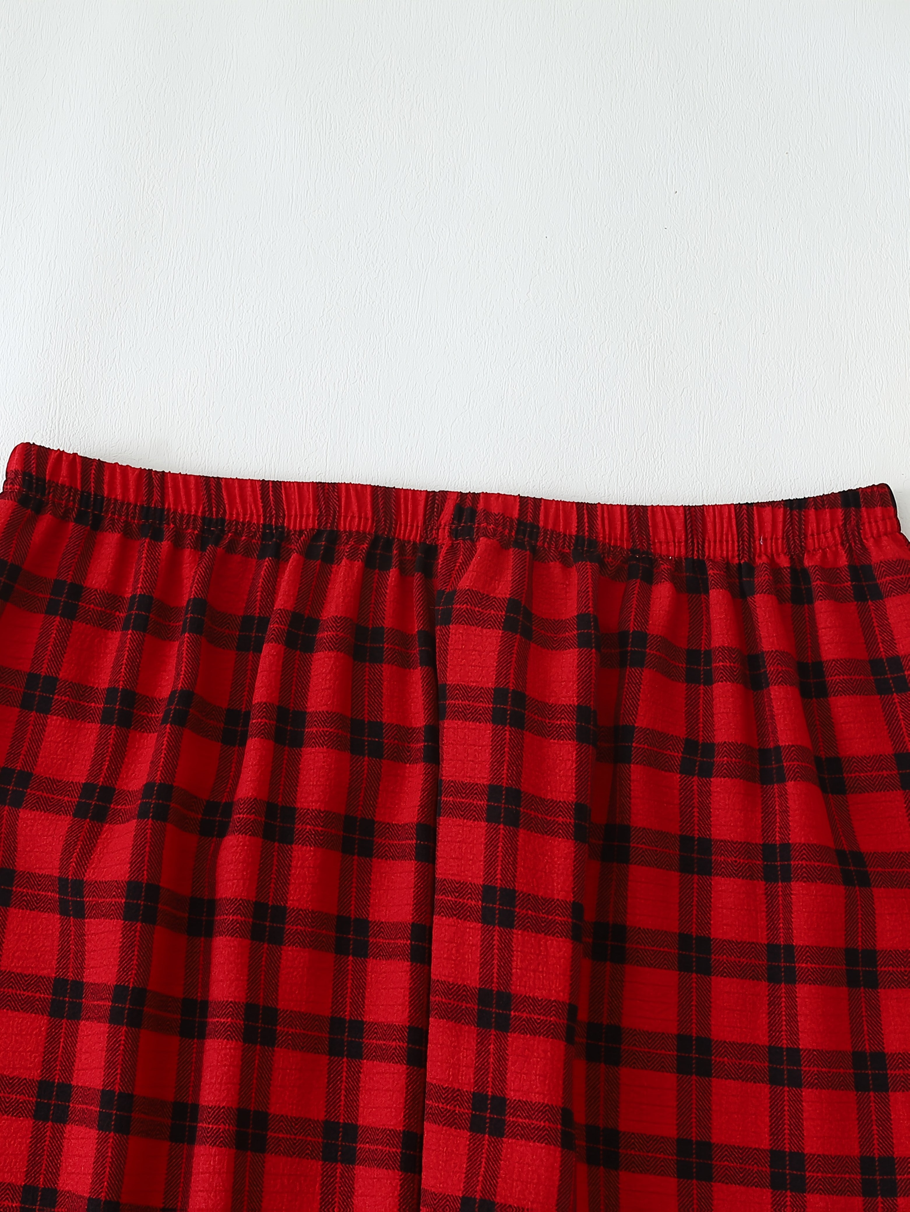 Men's Red Plaid Pajama Set Long Sleeve Polyester Knit Casual Sleepwear