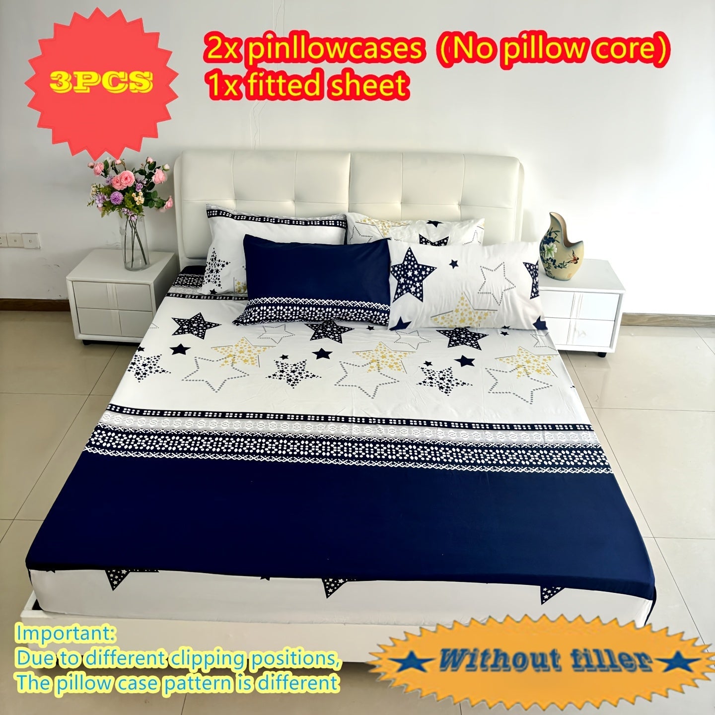 Conjunto de ropa de cama con estrella geométrica y gráfico de líneas, 3 piezas, sábana ajustable y fundas de almohada