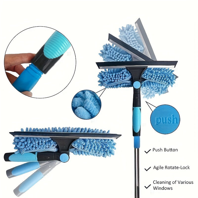 2in1 Window Cleaning Brush and Scraper Set with Telescopic Pole and Hard Bristle Brush