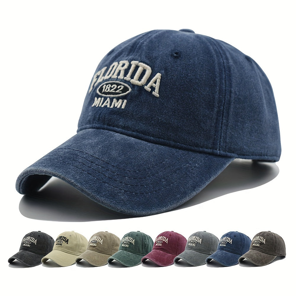 Vintage Washed Baseball Cap with Florida 1822 Miami Embroidery Adjustable Cotton Unisex Hat