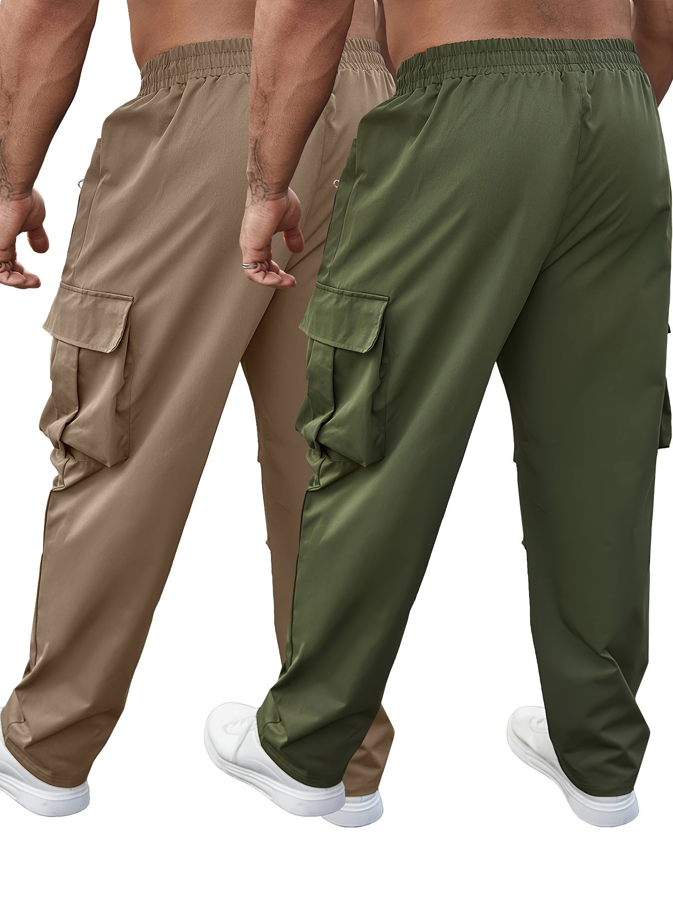 Ikki erkakning katta o'lchamdagi bir rangli yuk shimlari, tasodifiy, zamonaviy va odatiy kesimda.