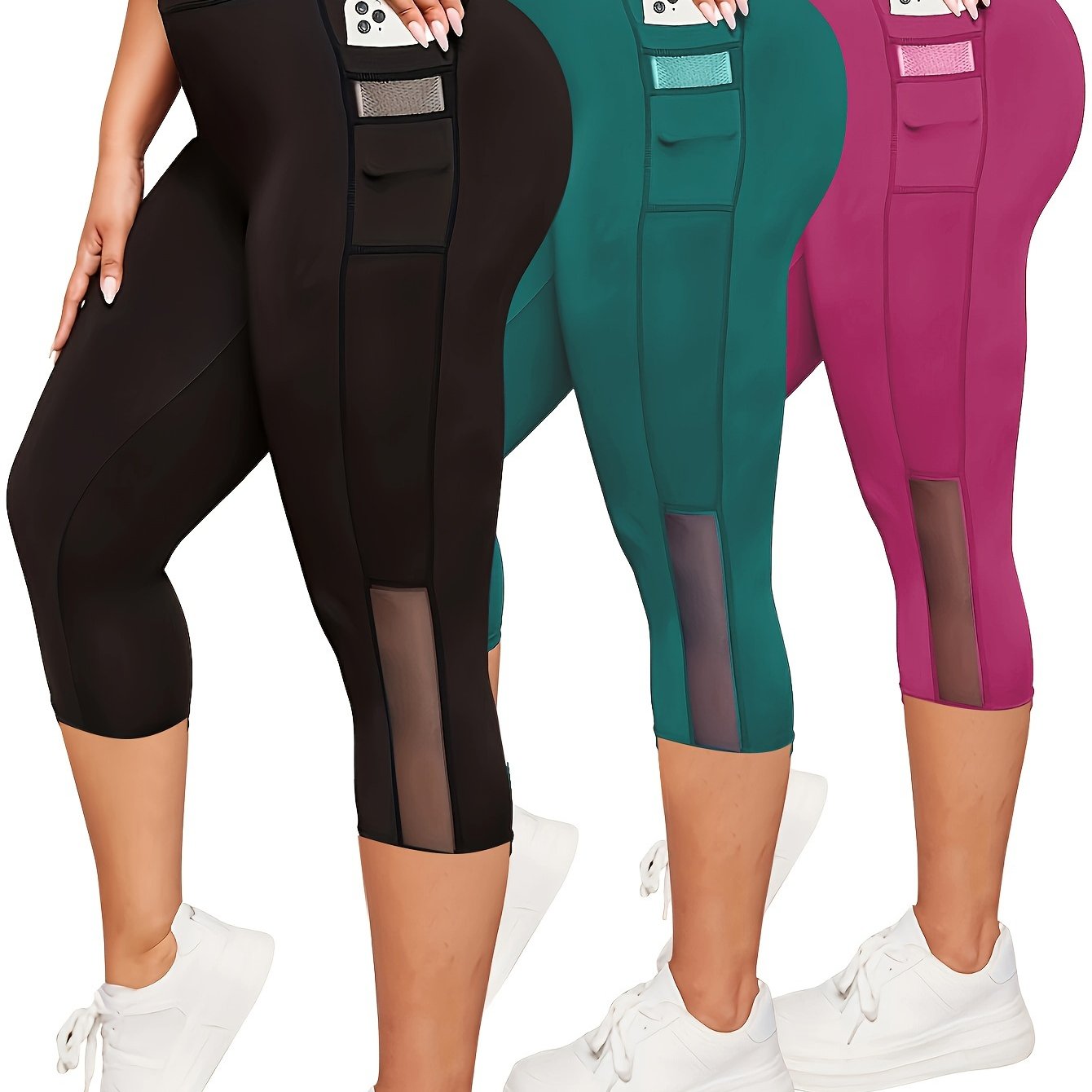 Women's High-Waist Tummy Control Yoga Capris with Pockets and Mesh Contrast in Black