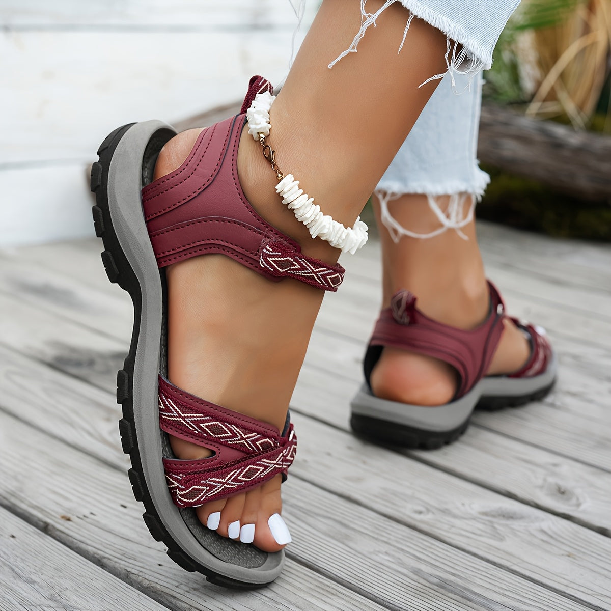 Women's Rhombus Strap Sports Sandals with Adjustable Closure, EVA Insole