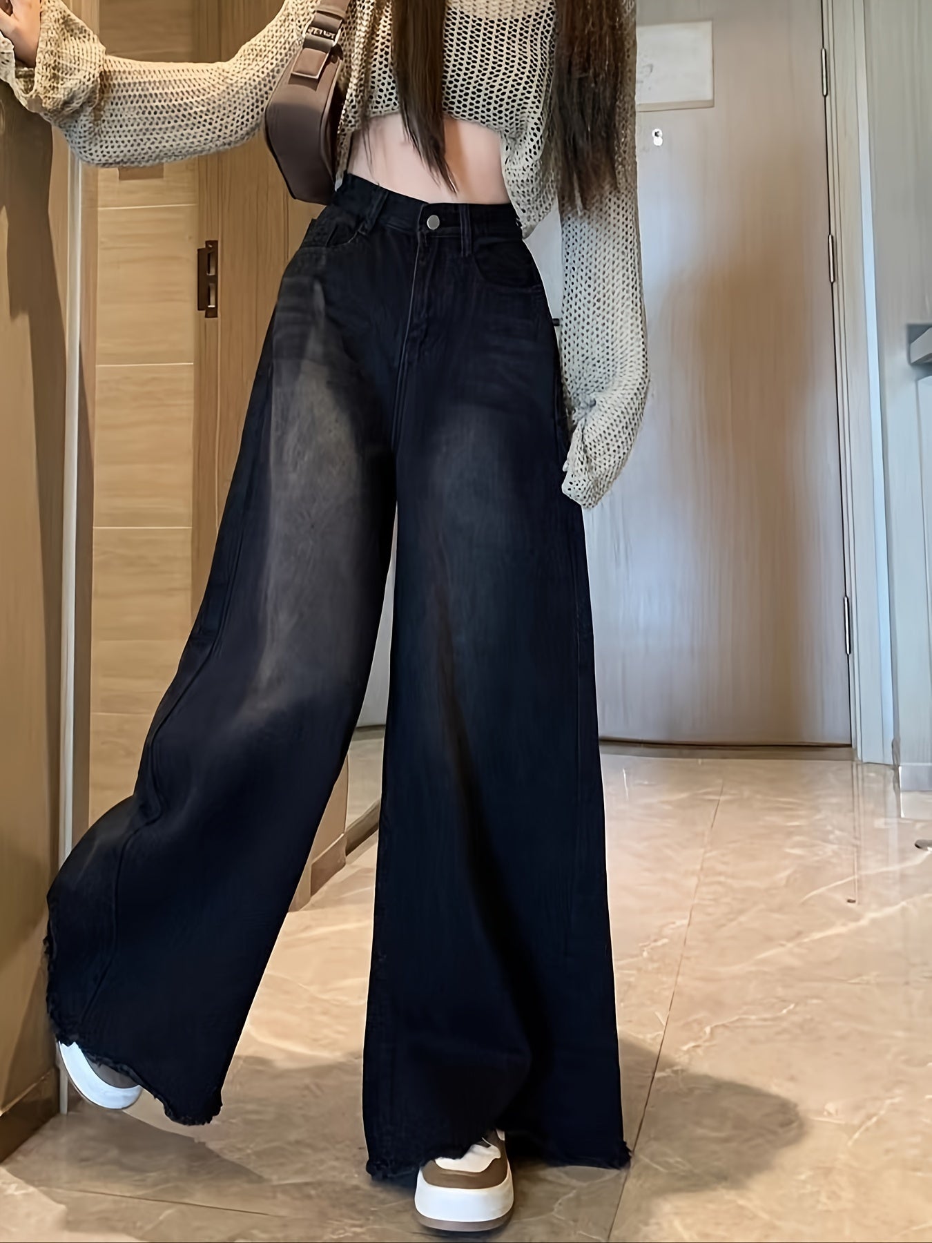 Plus Size High-Waist Wide-Leg Denim Jeans for Women Black Gray Frayed Hem