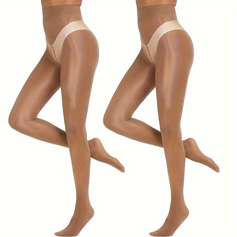 Women Shimmer Tights with Shiny Oil Finish High-Waisted Shaping 2 Pairs