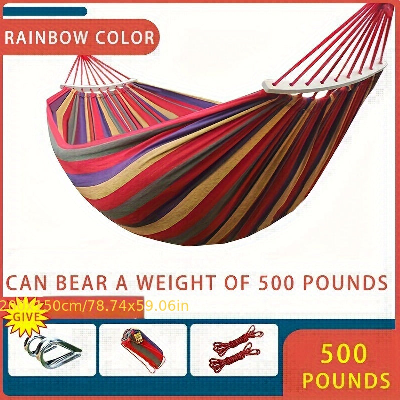 Heavy-Duty Rainbow Canvas Hammock for Single or Double Support Up to 226.8 KG with Wooden Sticks and Tree Straps
