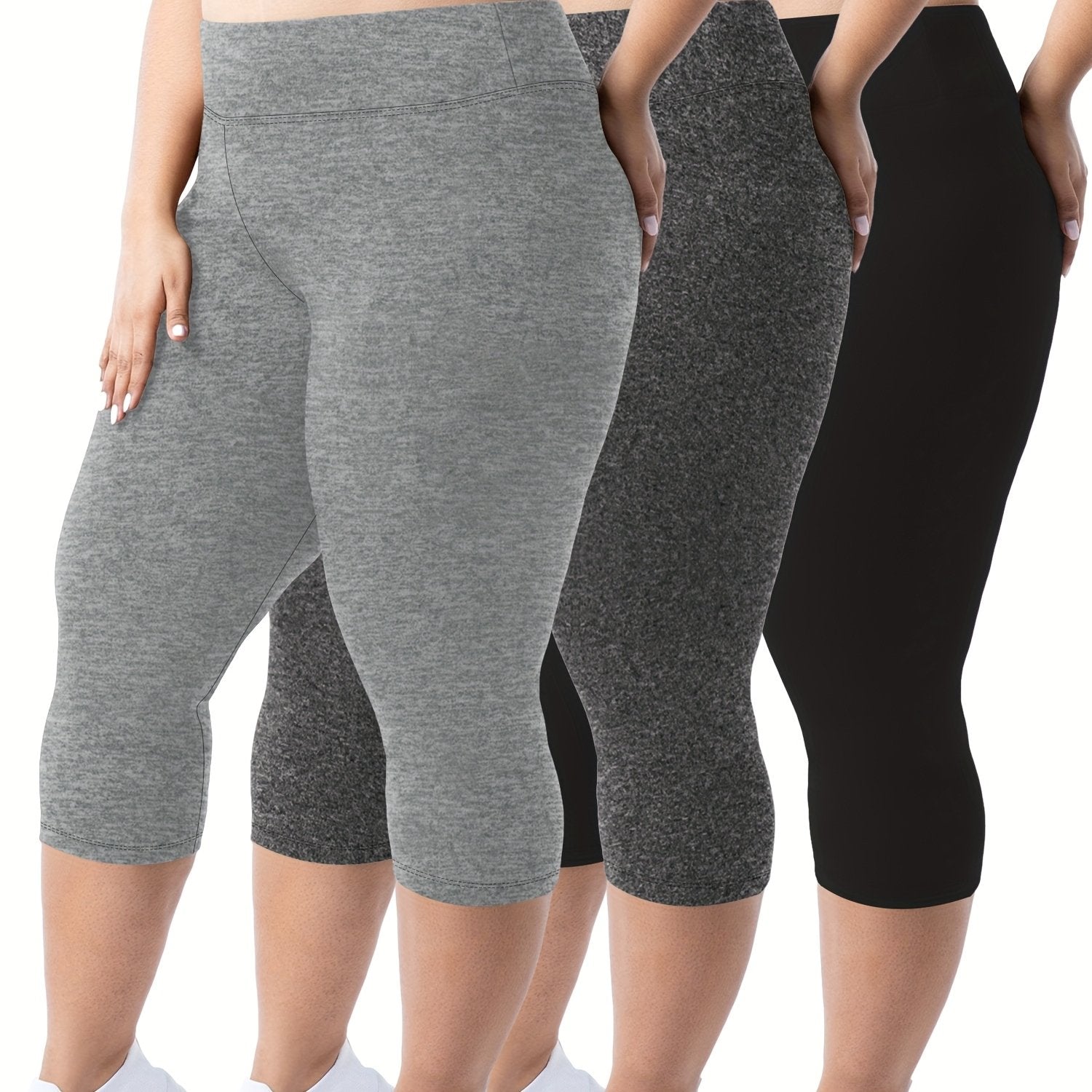 Plus Size Women's High-Waist Capri Leggings Solid Color Stretchy Casual