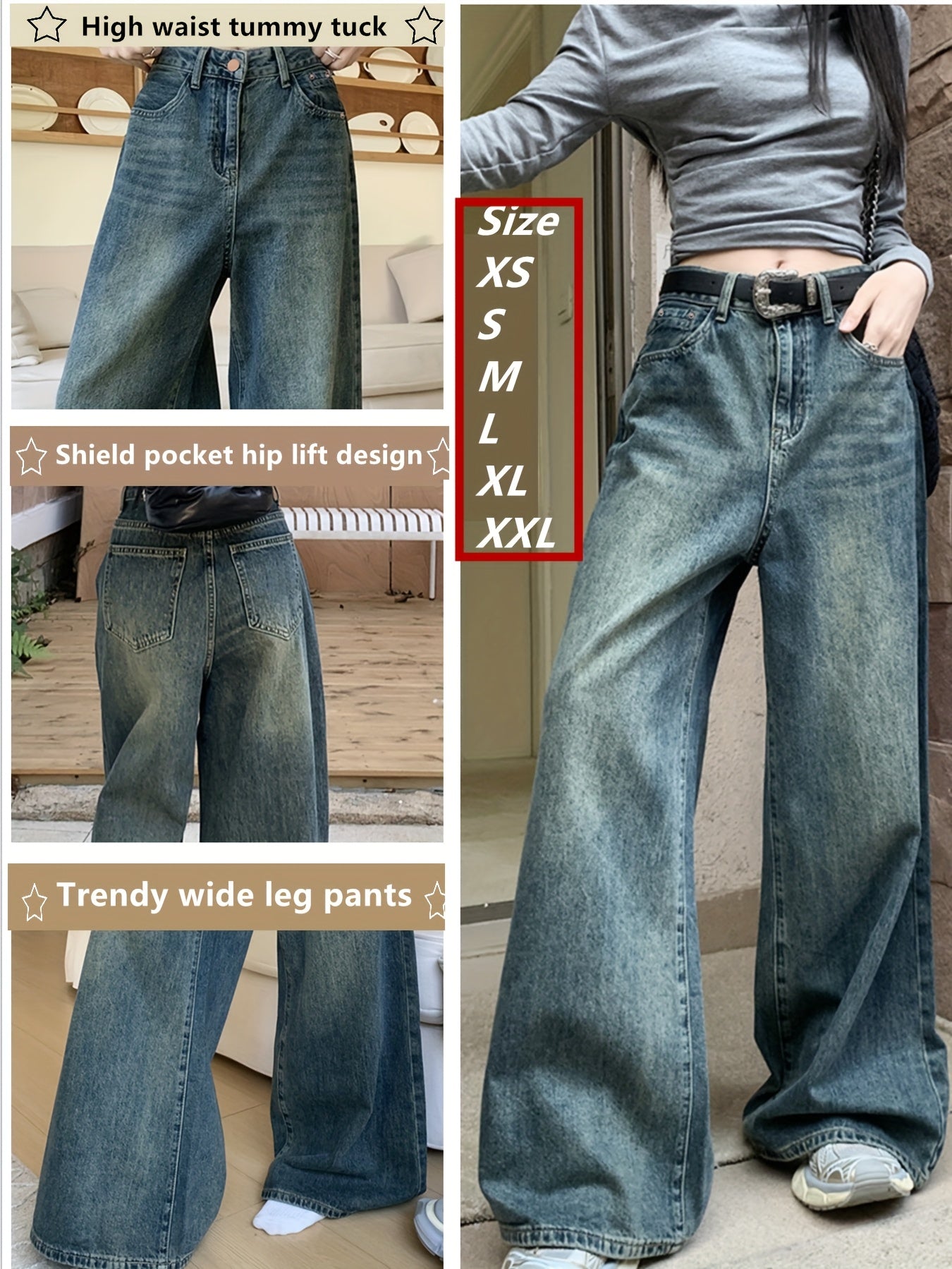 Jeans de mezclilla de tiro alto y pierna ancha para mujer, casual, de color sólido, sin elasticidad, con cierre de cremallera, para todas las estaciones