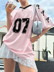 Women's Black V-Neck T-Shirt with Bow and Number Print Casual Short Sleeve Polyester