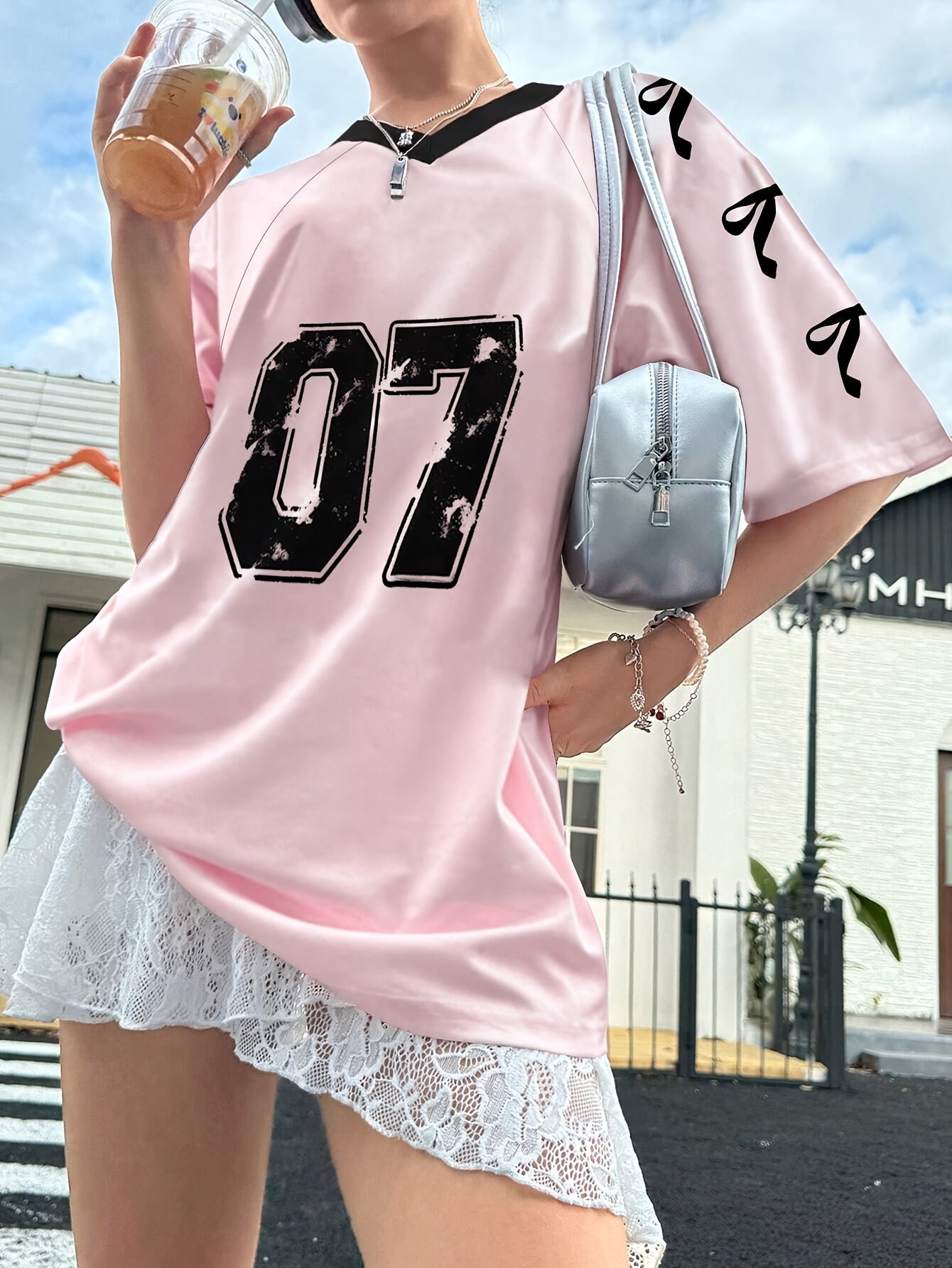 Women's Black V-Neck T-Shirt with Bow and Number Print Casual Short Sleeve Polyester