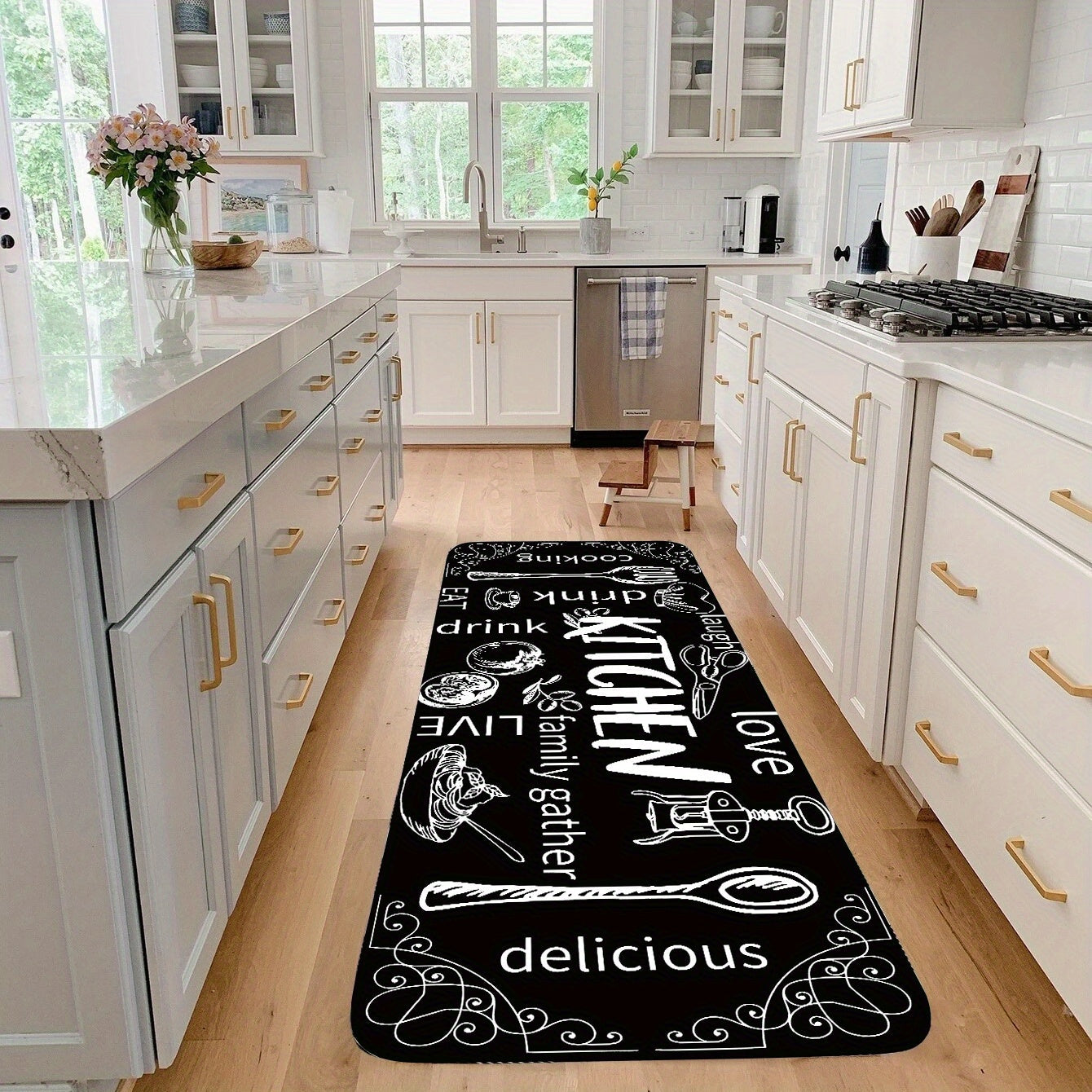 Qora oshxona mato, pichoq va qoshiq naqshli, sirpanishga qarshi, yuviladigan polyester gilam, pol uchun kirish