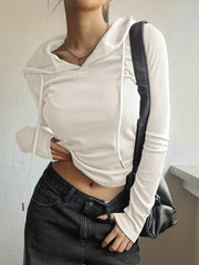 Women's Light Gray Hooded Crop Top with Drawstring, Polyester Blend, Spring Fall Casual