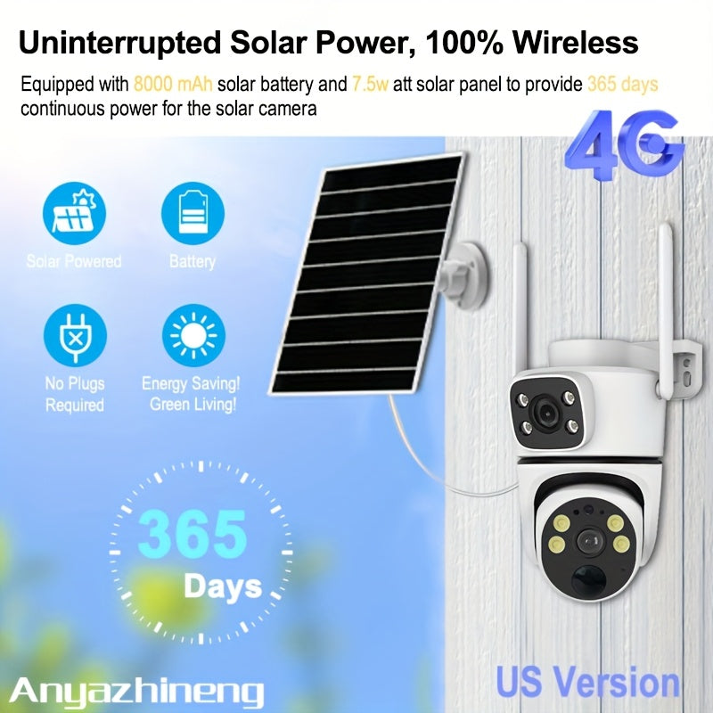 Outdoor Solar Security Camera with 4G LTE, 355° View, PIR Motion Detection, Two-Way Audio
