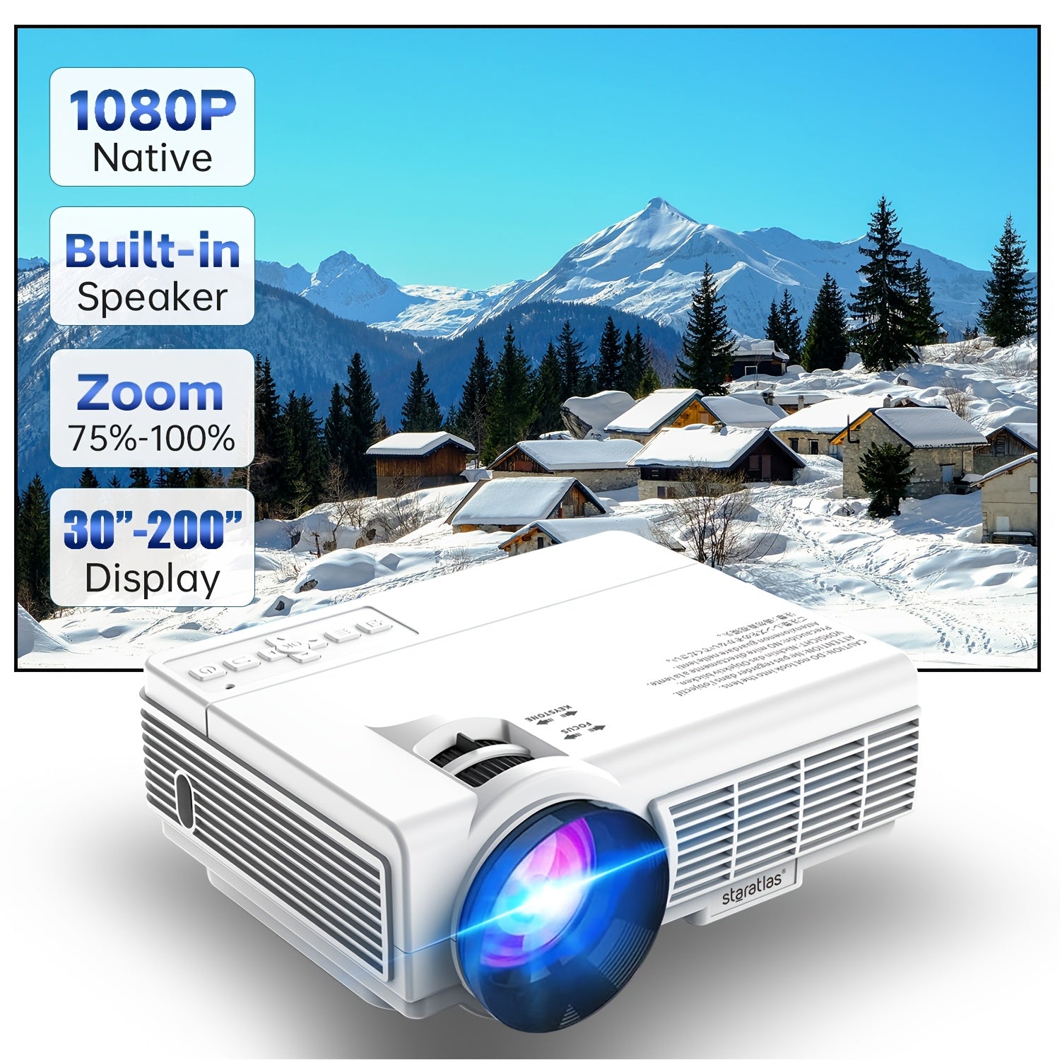 Мини HD-проектор с встроенным динамиком, беспроводной, для использования внутри и снаружи