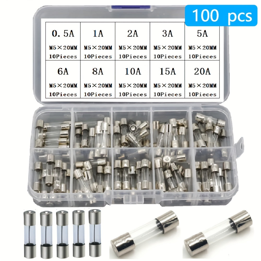 100-Piece Glass Fuse Assortment Kit 5x20mm 0.2A–20A for Electronics