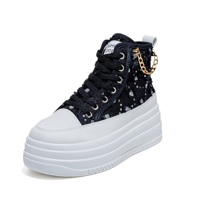 Women's High-Top Sneakers - Black White Blue with Gold Chain Casual Shoes