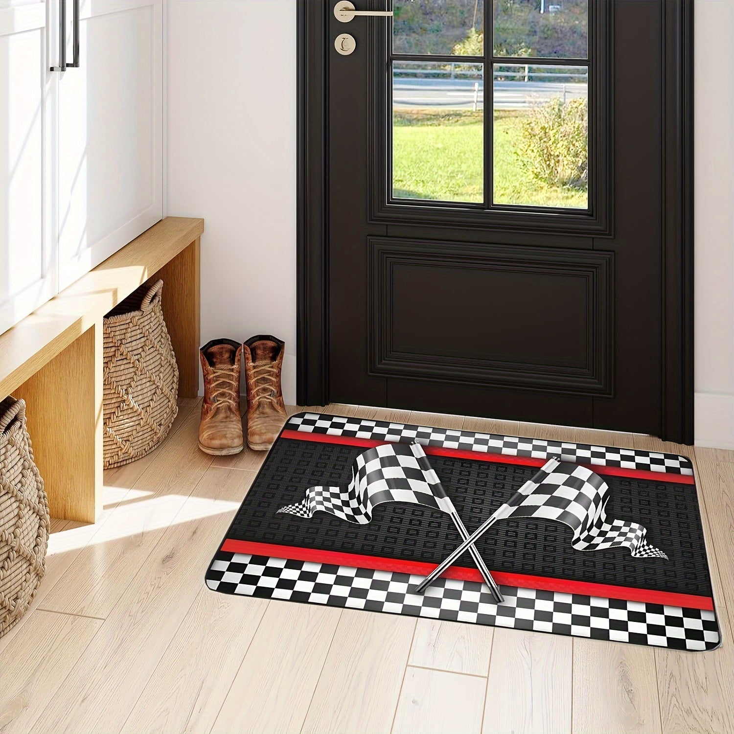 Flannel Racing Flag Mat Non-Slip Checkered Design 1.1cm Thick for Living Room Bedroom