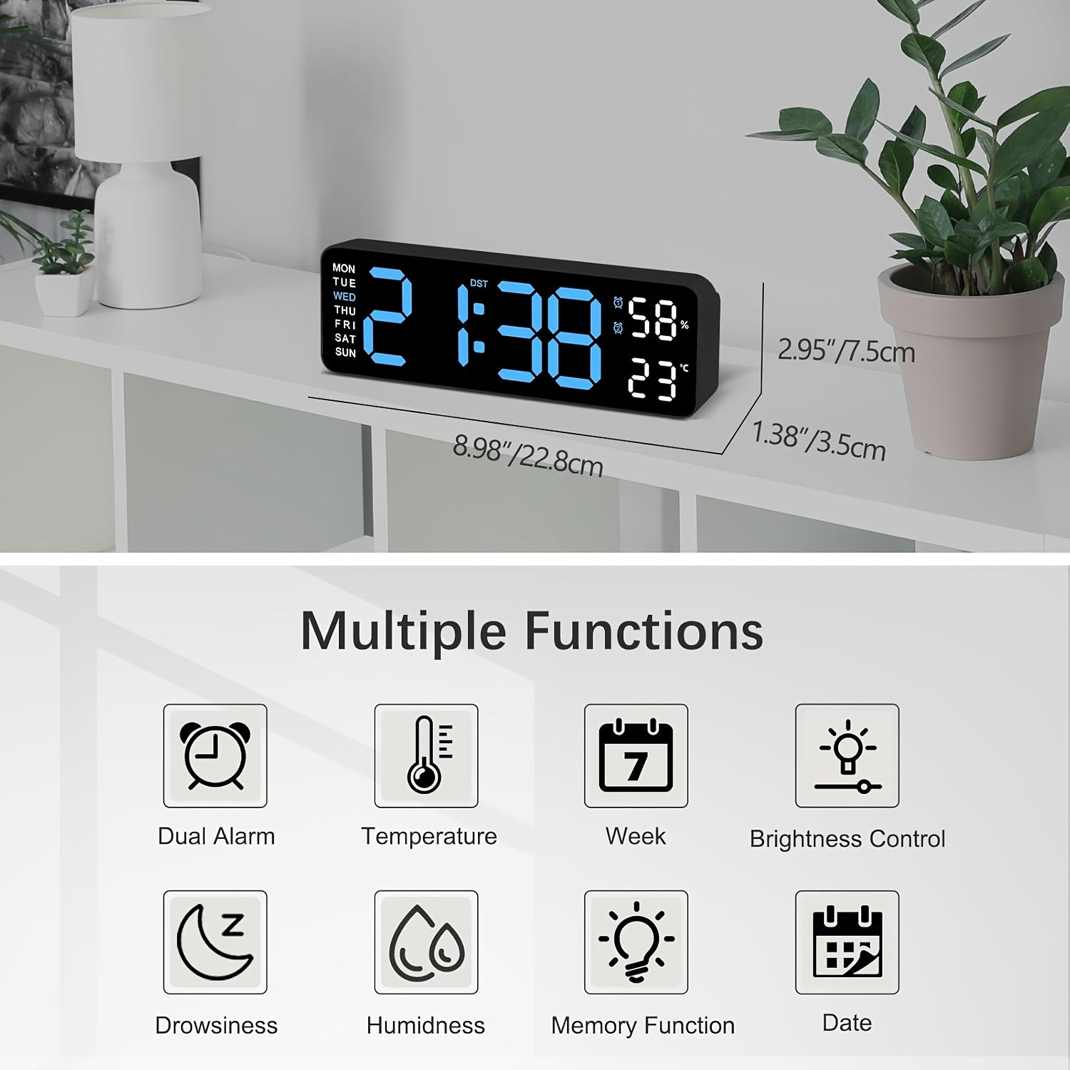 Large Digital Wall Clock with Dual Alarm Temperature Humidity Date Display