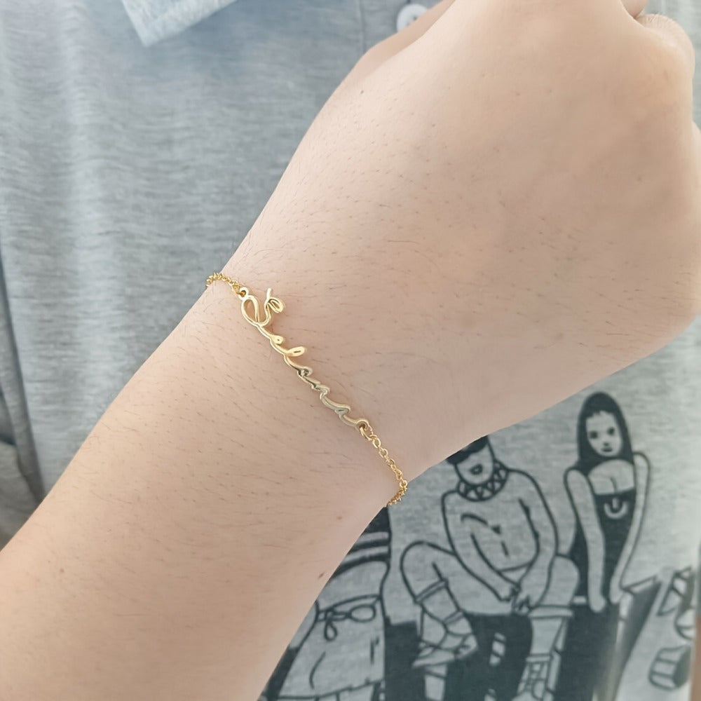 Personalized Gold and Stainless Steel Bracelet for Women Elaine Cursive Font Elegant Jewelry