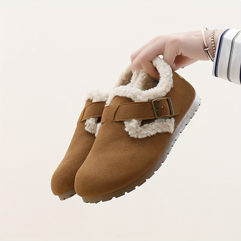 Women's Flannel-Lined Ankle Booties Casual Flat Heel Buckle Closure