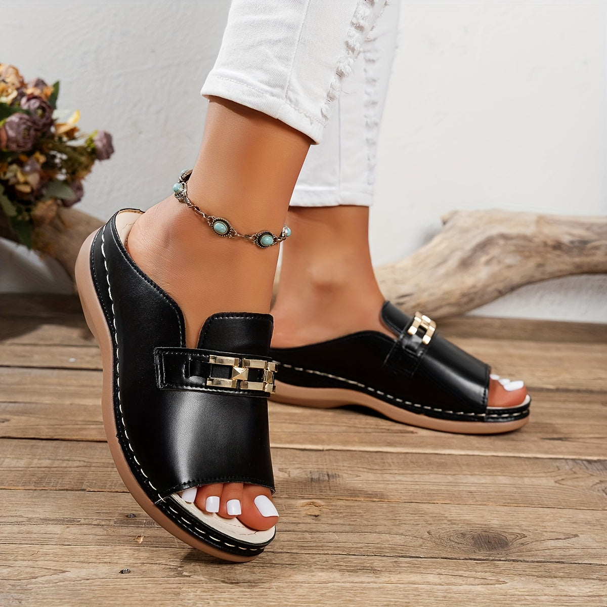 Women's Slip-On Sandals Open Toe Flat Heel Casual Summer Shoes