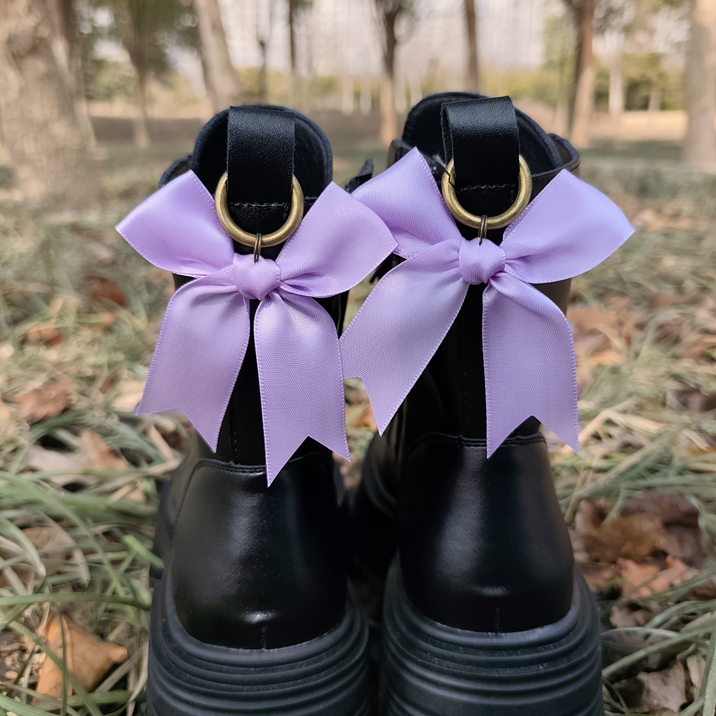 Women Girls Black Pink Satin Bow Shoe Charms Footwear Accessories 2 Pcs