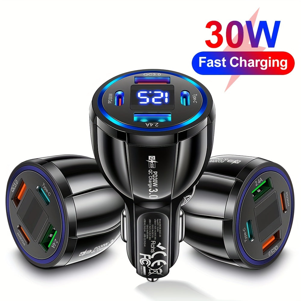 4-Port Fast Car Charger with Digital Display PD QC 3.0 Type C Multiple Device Charging