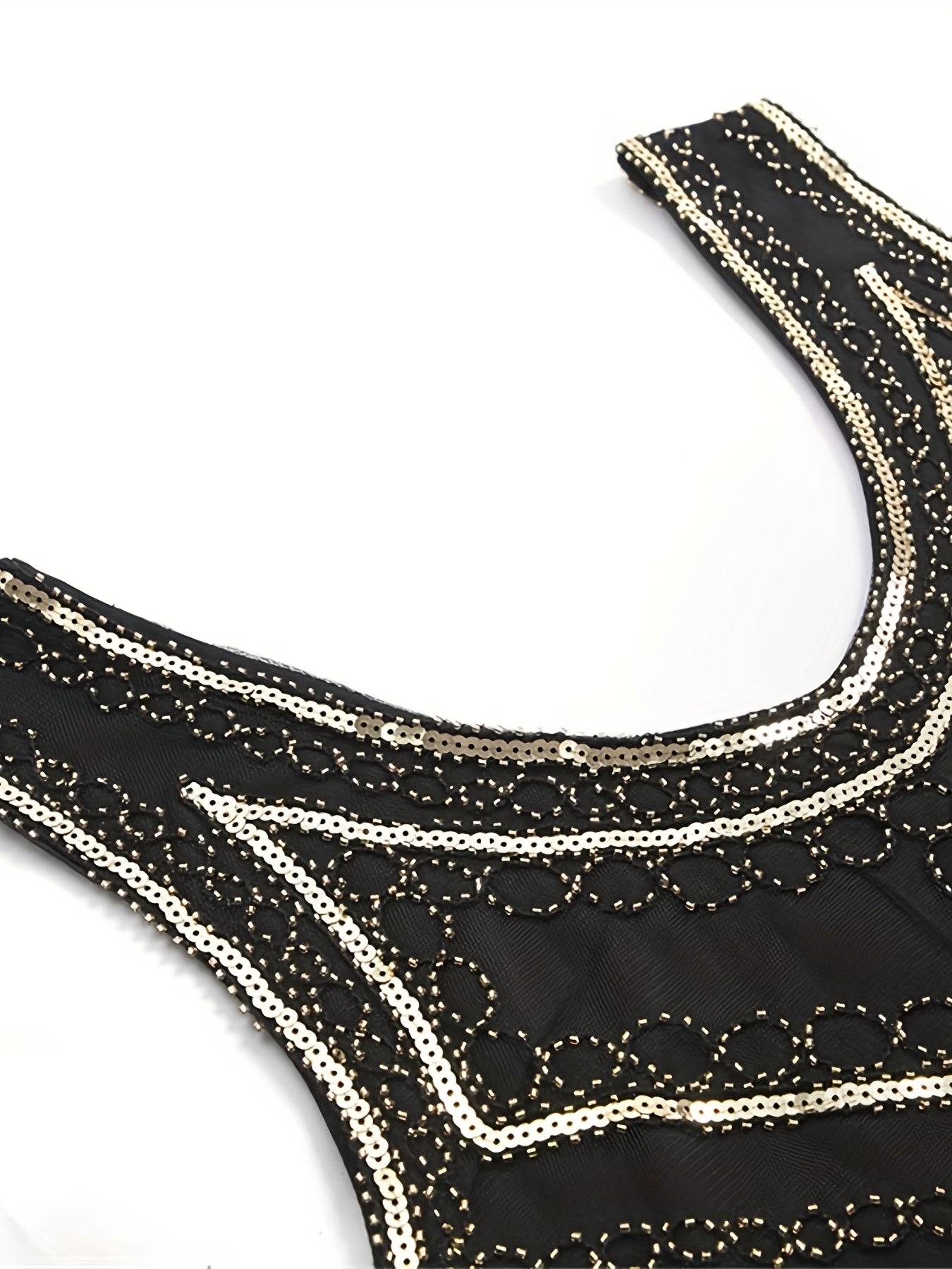 Women's Beaded V-Neck Sleeveless Wedding Dress Black Geometric Embroidery