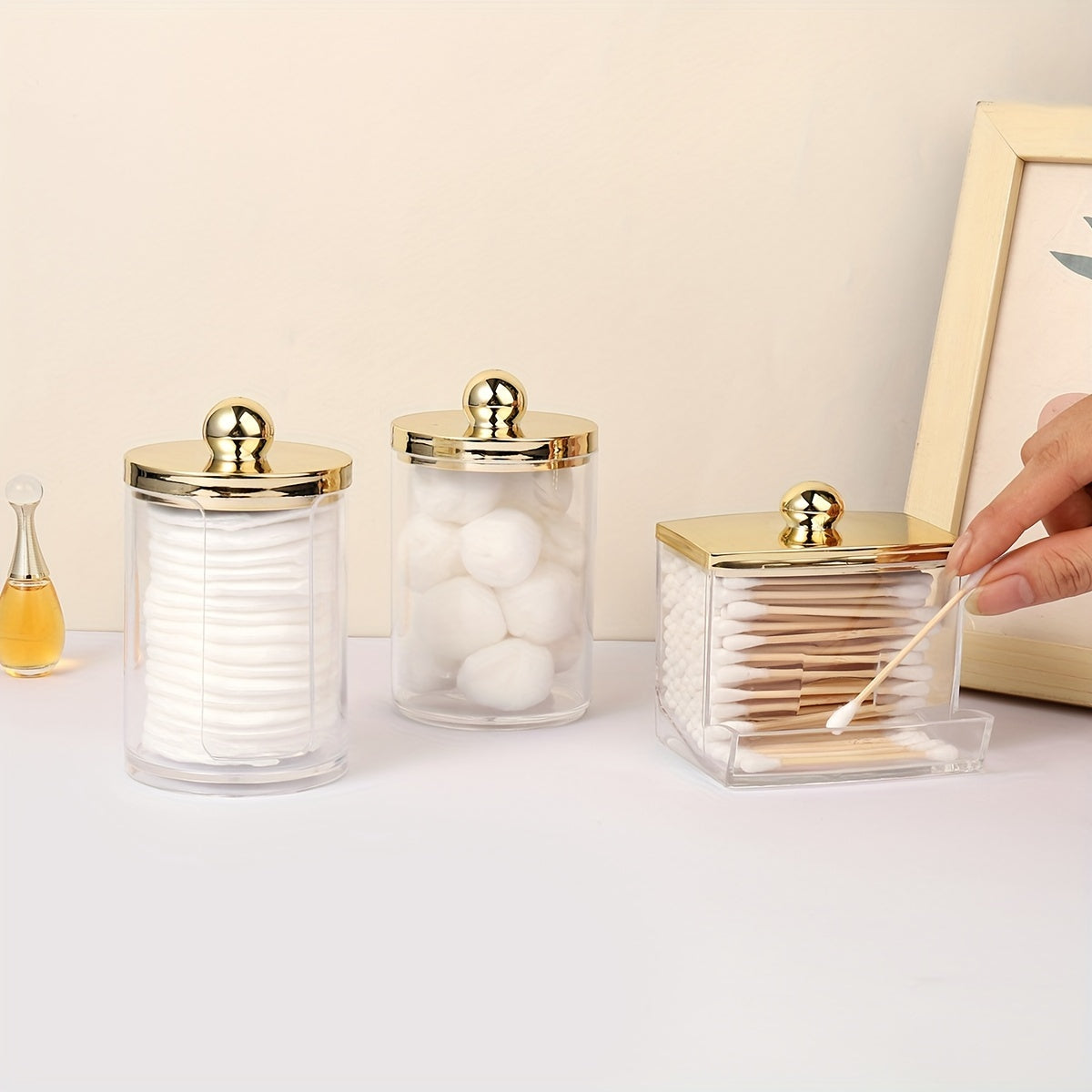 Bathroom Storage Organizer Set with 1/3 Qtips Container and Gold-Lidded 10 oz Ball Holder