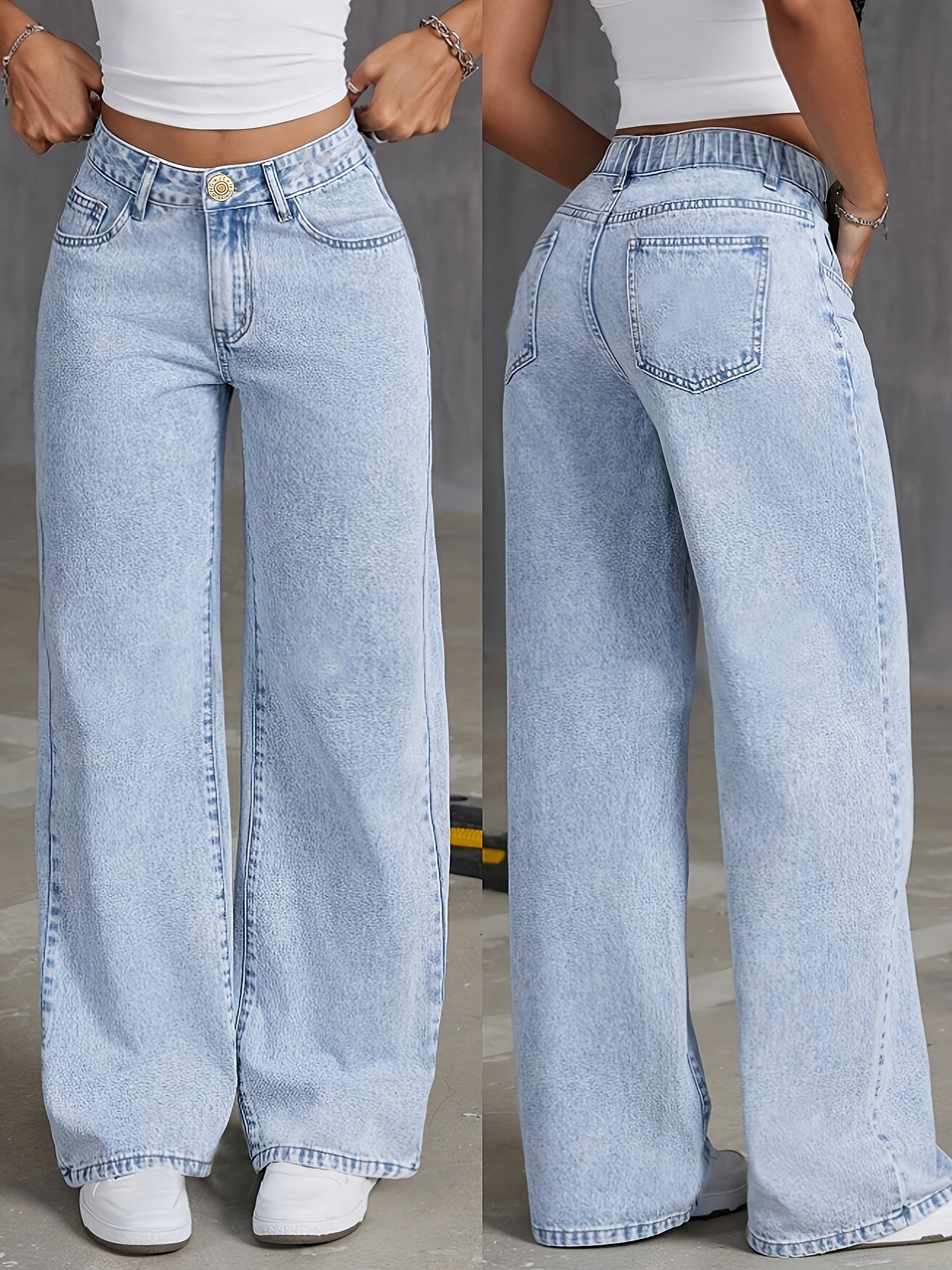Women's High-Waisted Wide Leg Denim Jeans Solid Color Button Detail All-Season Casual