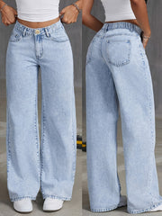 Women's High-Waisted Wide Leg Denim Jeans Solid Color Button Detail All-Season Casual