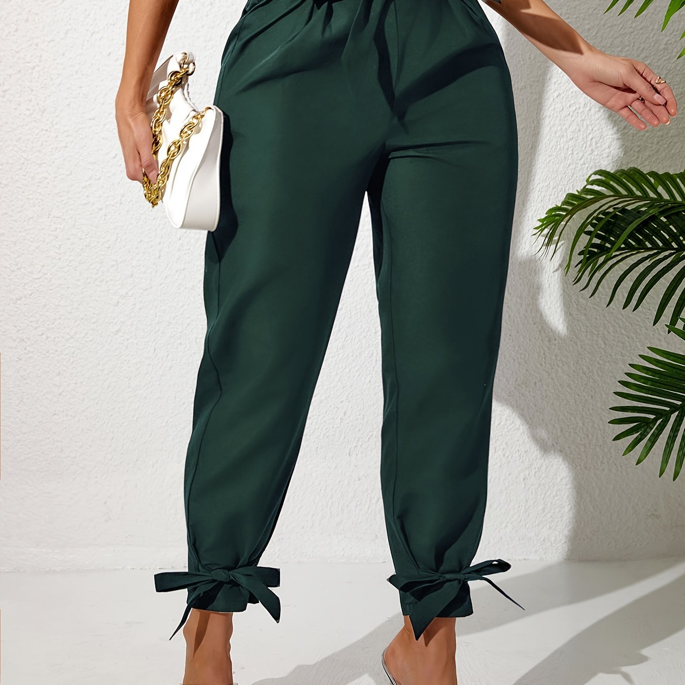 Plus Size Solid Straight Leg Pants with Elastic Drawstring Waist and Bow Detail for Spring and Summer