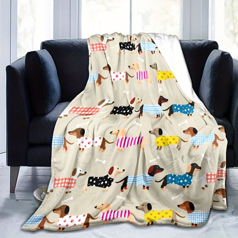 Dachshund Pattern Throw Blanket Polyester Stain-Resistant Knitted Gift for Dog Lovers