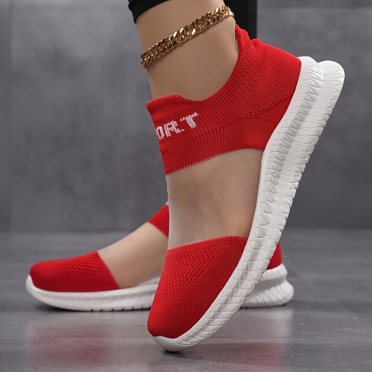 Women's Breathable Slip-On Sneakers Lightweight Fabric Upper Red White Casual Athletic Shoes