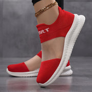 Ayollar uchun nafas oladigan slip-on sport poyabzali, yengil mato ustki qismi, qizil va oq, kundalik va sport uchun mos
